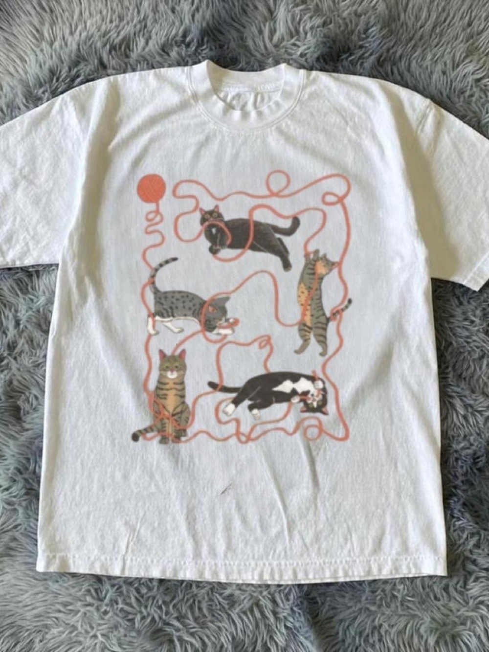 Gildan White Tee with Coral Yarn and Playful Cats Graphic